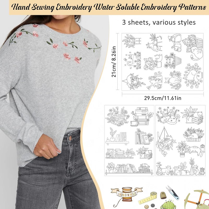 CRASHOT Water Soluble Stabilizer Embroidery Paper - Stick and Stitch Embroidery Paper Wash Away, 3 Sheet Embroidery Patterns, Potted Plant, Flower Book Cat Design, Hand Sewing Crafts - Image 2